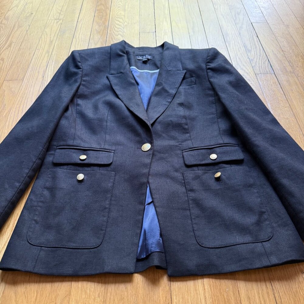 J.Crew Vivienne Navy Linen Blend Blazer 10P Petite Gold Button Tailored Jacket - Picture 14 of 16